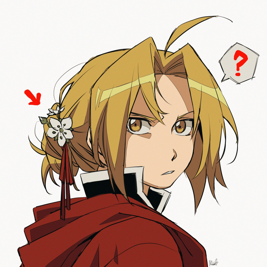 1boy ? absurdres ahoge arrow_(symbol) bangs blonde_hair cape collar commentary edward_elric english_commentary flower from_side fullmetal_alchemist hair_flower hair_ornament hair_ribbon highres hood hood_down hooded_cape looking_at_viewer male_focus maro_(lij512) medium_hair parted_bangs red_cape red_ribbon ribbon signature simple_background solo upper_body white_background white_flower yellow_eyes