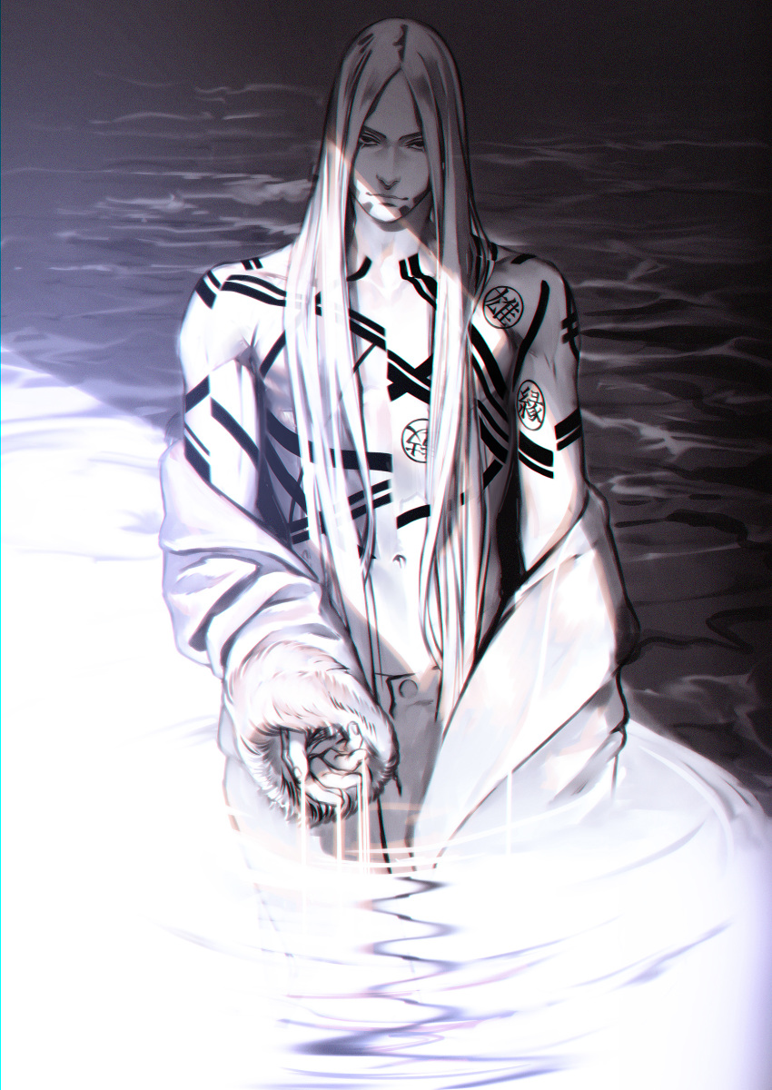 1boy abs black_eyes chromatic_aberration coat dark film_grain full_body_tattoo golden_kamuy highres light_smile long_hair looking_at_viewer male_focus monochrome navel oosawa_fusatarou open_clothes open_coat shaded_face solo tattoo toned toned_male undressing upper_body w55674570w water