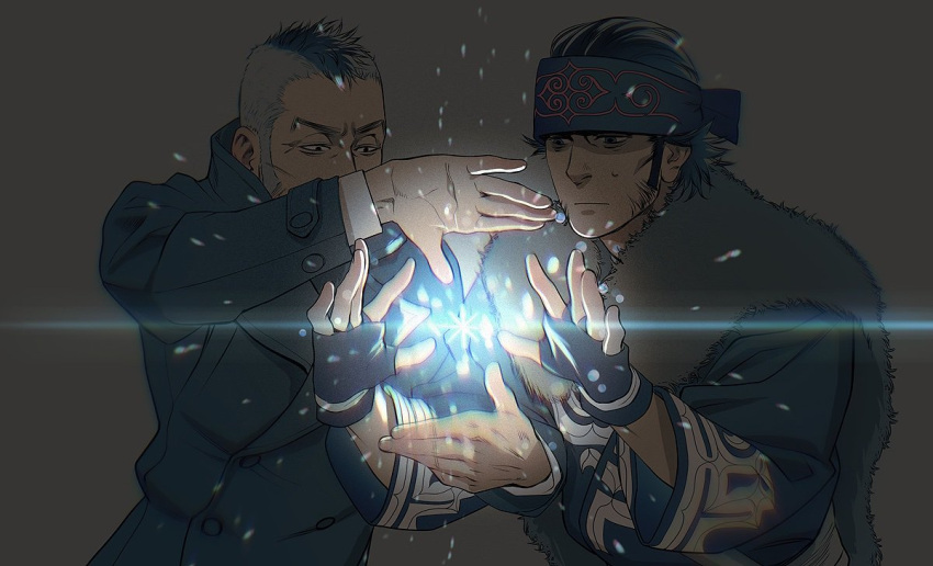 2boys ainu ainu_clothes black_eyes black_hair blue_collar blue_kimono buttons collar collared_coat couple dark facial_hair finger_frame fingerless_gloves gloves golden_kamuy hat head_to_head headband japanese_clothes kadokura_(golden_kamuy) kepi kimono kirawus_(golden_kamuy) long_sleeves male_focus military_hat mohawk multiple_boys old old_man open_hands short_hair sideburns simple_background snowflakes stubble sweatdrop upper_body w55674570w