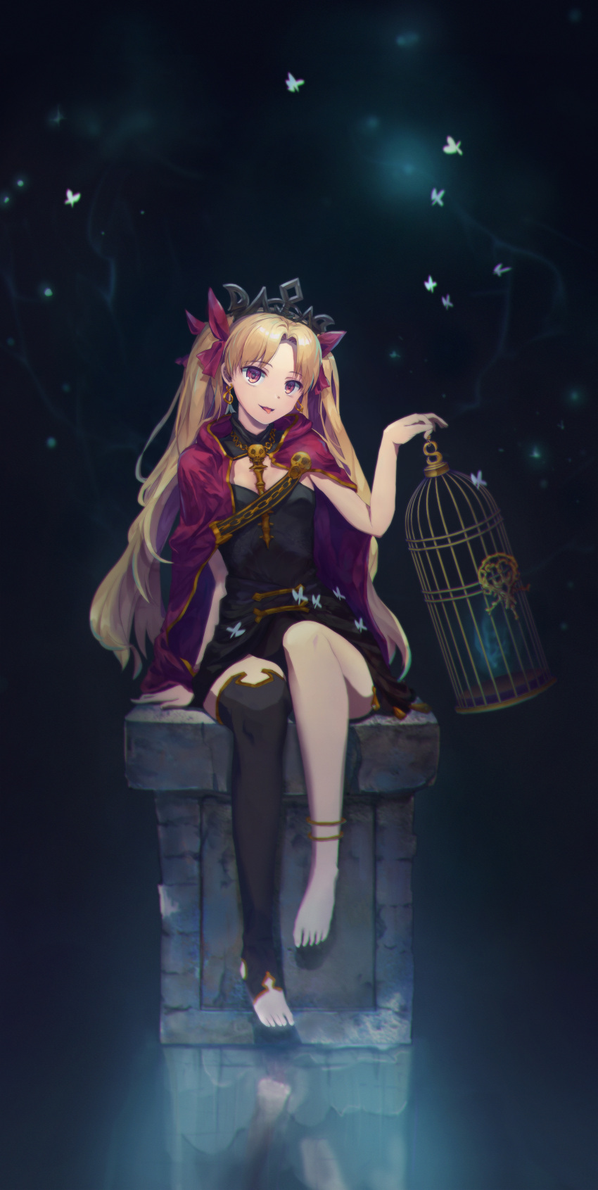 1girl :d absurdres anklet asymmetrical_legwear barefoot between_breasts birdcage black_legwear black_leotard blonde_hair bow breasts cage cape diadem ereshkigal_(fate/grand_order) eyebrows_visible_through_hair fate/grand_order fate_(series) full_body hair_bow hair_intakes hanifani head_tilt highres holding jewelry leotard long_hair open_mouth red_bow red_cape red_eyes shiny shiny_hair single_thighhigh sitting small_breasts smile solo thigh-highs twintails very_long_hair