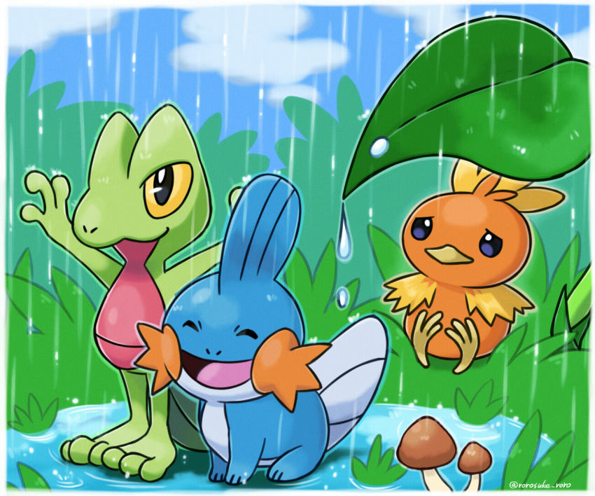 ^_^ animal_focus arms_up artist_name black_eyes blue_outline blue_sky border closed_eyes closed_mouth clouds colored_sclera commentary day full_body gen_3_pokemon grass green_outline happy leaf mudkip mushroom no_humans open_mouth orange_outline outdoors outline outstretched_arms pokemon pokemon_(creature) puddle rain rorosuke sitting sky smile standing torchic treecko twitter_username violet_eyes water_drop white_border yellow_sclera