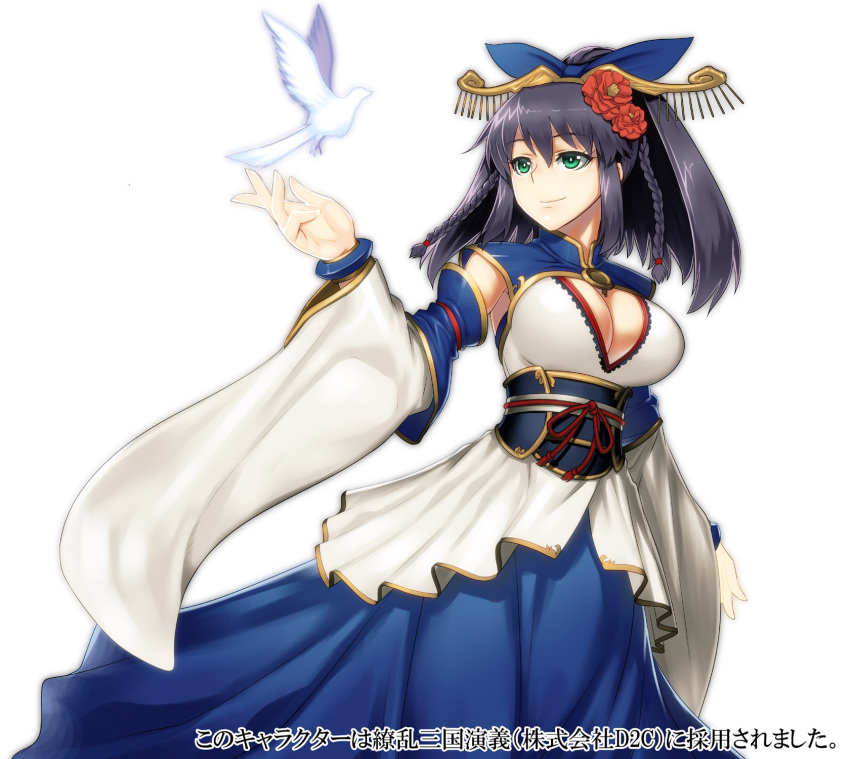 1girl bird black_hair braid breasts detached_sleeves dove flower green_eyes highres jonylaser large_breasts romance_of_the_three_kingdoms smile solo sun_shi twin_braids white_background