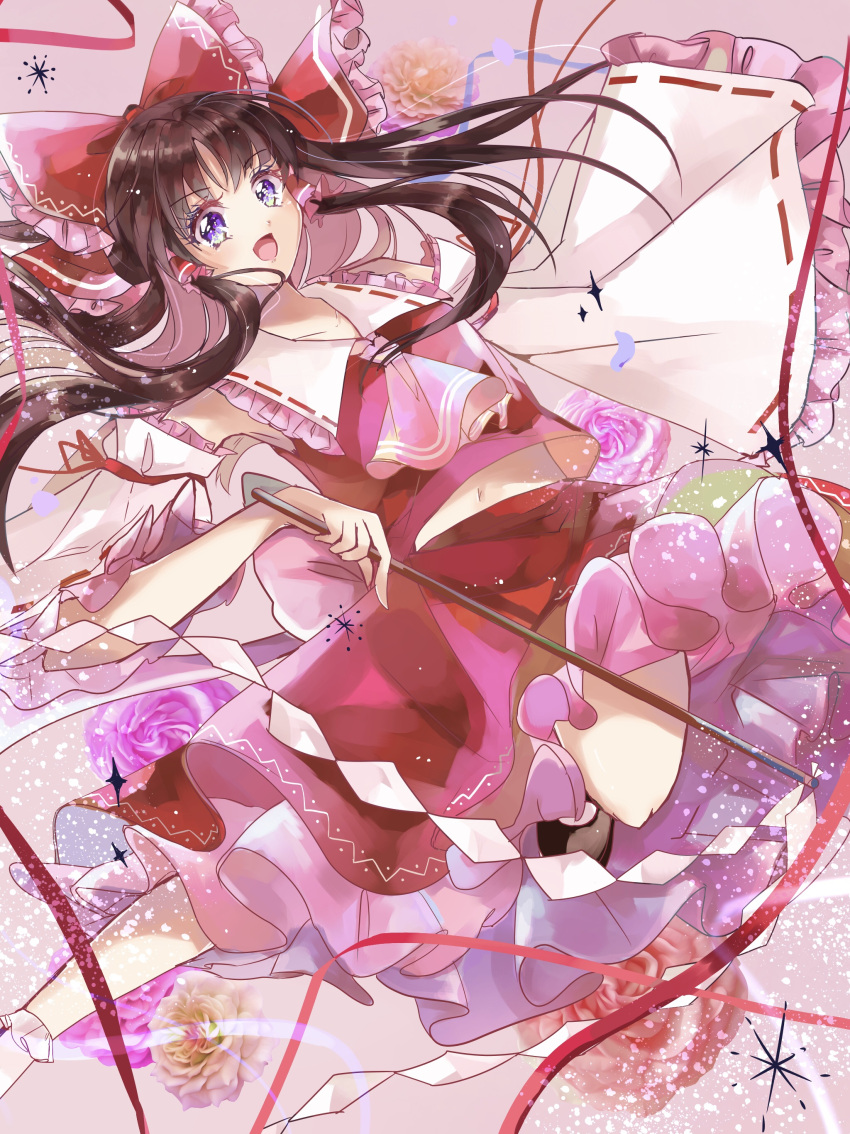 1girl absurdres ascot bangs bow brown_hair collarbone detached_sleeves eyebrows_visible_through_hair floating floating_hair flower hair_bow hakurei_reimu highres holding japanese_clothes long_hair looking_at_viewer miko miyui navel open_mouth parted_bangs red_bow red_neckwear red_skirt rose skirt solo touhou violet_eyes wide_sleeves