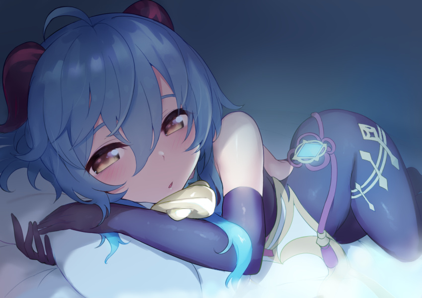 1girl ahoge bare_shoulders bed_sheet bell blue_hair blush breasts cowbell detached_collar elbow_gloves ganyu_(genshin_impact) genshin_impact gloves half-closed_eyes ichijou_(kr_neru0) looking_at_viewer night on_bed pillow pillow_hug solo