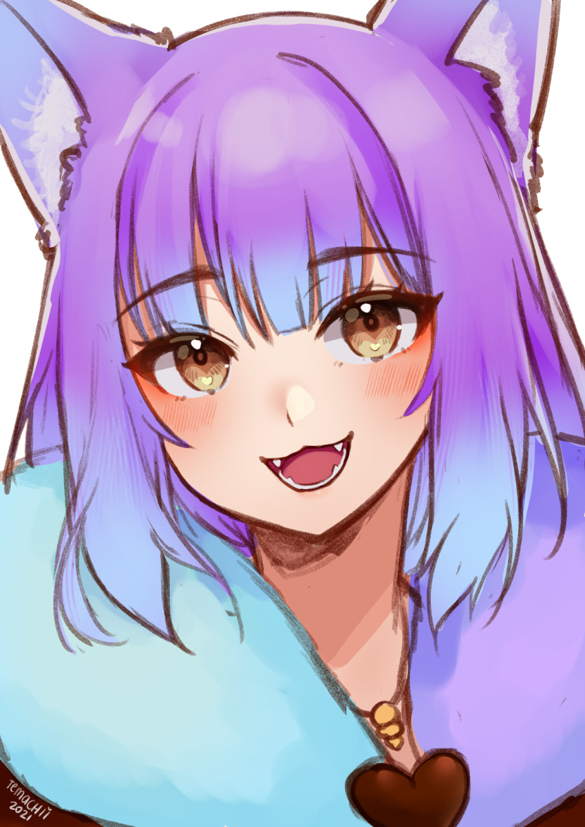 1girl :3 :d blush brown_eyes commentary coronetto_kokoro english_commentary fangs fur_collar gradient_hair head_tilt heart heart_in_eye highres indie_virtual_youtuber jewelry kemonomimi_mode looking_at_viewer medium_hair multicolored_hair necklace open_mouth portrait purple_hair simple_background smile solo symbol_in_eye temachii white_background