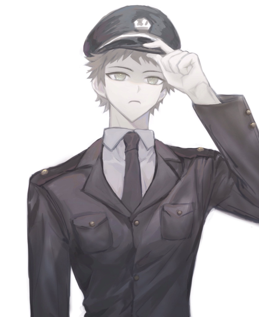 1boy adjusting_clothes adjusting_headwear black_headwear black_jacket black_neckwear brown_eyes brown_hair closed_mouth collared_shirt dangan_ronpa_(series) dangan_ronpa_2:_goodbye_despair frown green_eyes grey_shirt hand_up hat highres hinata_hajime jacket long_sleeves looking_at_viewer male_focus medama_(dronpata) necktie shirt short_hair simple_background solo upper_body white_background