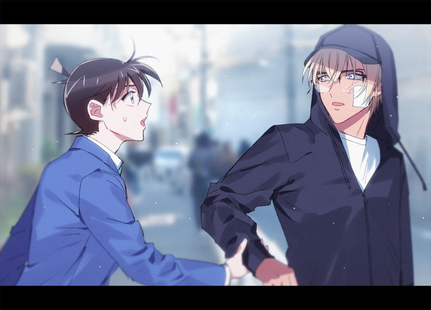 2boys amuro_tooru bandaid bandaid_on_cheek bangs bespectacled black_hoodie blazer blonde_hair blue_eyes blue_jacket blurry blurry_background brown_hair casual collared_shirt commentary_request crack drawstring eye_contact from_side glasses green_neckwear hair_between_eyes hood hood_up hoodie jacket k_(gear_labo) kudou_shin'ichi letterboxed long_sleeves looking_at_another looking_back male_focus meitantei_conan multiple_boys necktie open_mouth outdoors round_eyewear school_uniform shirt short_hair sweatdrop teitan_high_school_uniform upper_body white_shirt wrist_grab