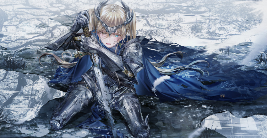1girl absurdres armor blonde_hair blue_cloak blue_eyes chainmail cloak eyebrows_visible_through_hair feathers gauntlets greaves grey_eyes heterochromia highres huge_filesize junpaku_karen leaning_on_weapon long_hair open_mouth original pauldrons planted_sword planted_weapon shoulder_armor sitting solo sword tears tiara tired twintails weapon