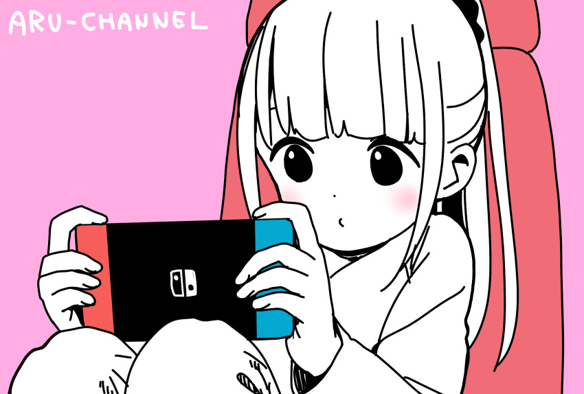 1girl bangs blunt_bangs blush chair character_name closed_mouth commentary_request dot_nose english_text gaming_chair hair_ornament hair_scrunchie handheld_game_console highres hitoribocchi_no_marumaru_seikatsu holding holding_handheld_game_console honshou_aru katsuwo_(cr66g) long_hair long_sleeves nintendo_switch on_chair partially_colored pink_background playing_games scrunchie sidelocks simple_background sitting solo