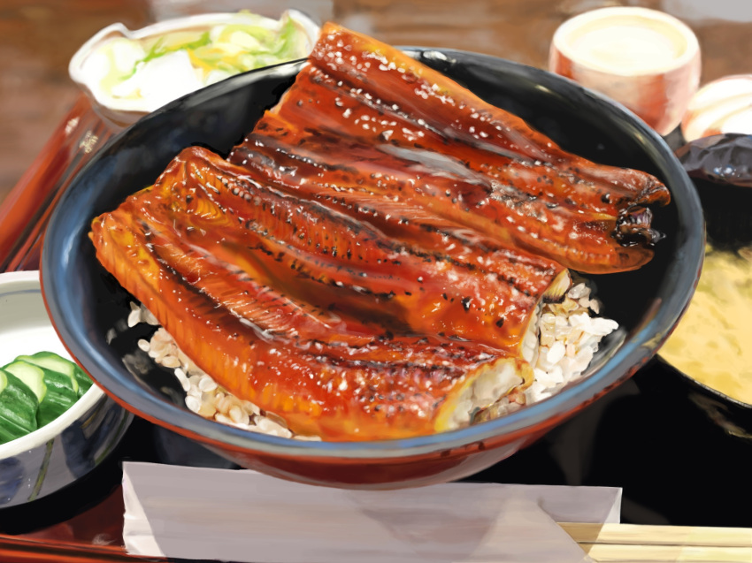 blurry blurry_background bowl chopsticks cucumber cucumber_slice cup eel fish food food_focus grilled_eel highres igaiga_(igarashijunji) no_humans original realistic rice still_life unajuu_(food) vegetable