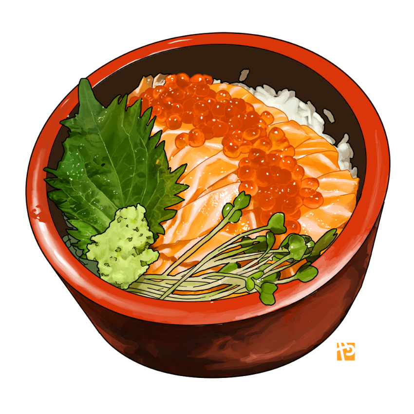 bowl chirashi_(food) fish food food_focus ikura_(food) leaf no_humans original rice roe salmon sashimi simple_background still_life studiolg sushi vegetable white_background