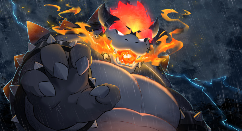 bowser bracelet breathing_fire clouds cloudy_sky fangs fire fury_bowser glowing glowing_eyes highres horns jewelry kou_(ixkouu) lightning looking_at_viewer male_focus super_mario_bros. night pectorals rain redhead sky solo spiked_armlet spiked_bracelet spiked_shell spikes storm super_mario_3d_world