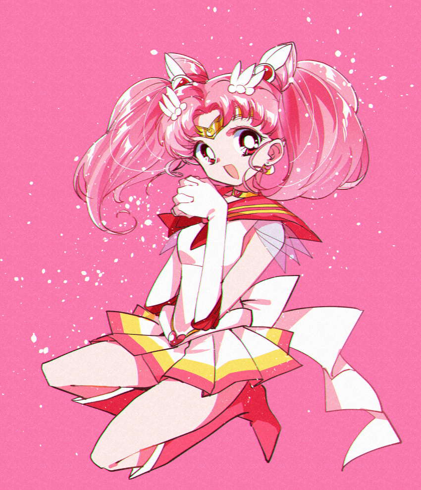 1990s_(style) 1girl absurdres bangs bishoujo_senshi_sailor_moon boots chibi_usa elbow_gloves gloves gold_headband hair_behind_ear hair_horns hands_together highres huge_filesize looking_at_viewer magical_girl open_mouth parted_bangs pink_footwear pink_hair pleated_skirt pochi_(askas_is_god) red_eyes sailor_chibi_moon sailor_collar sailor_senshi_uniform sitting skirt smile solo super_sailor_chibi_moon twintails white_gloves