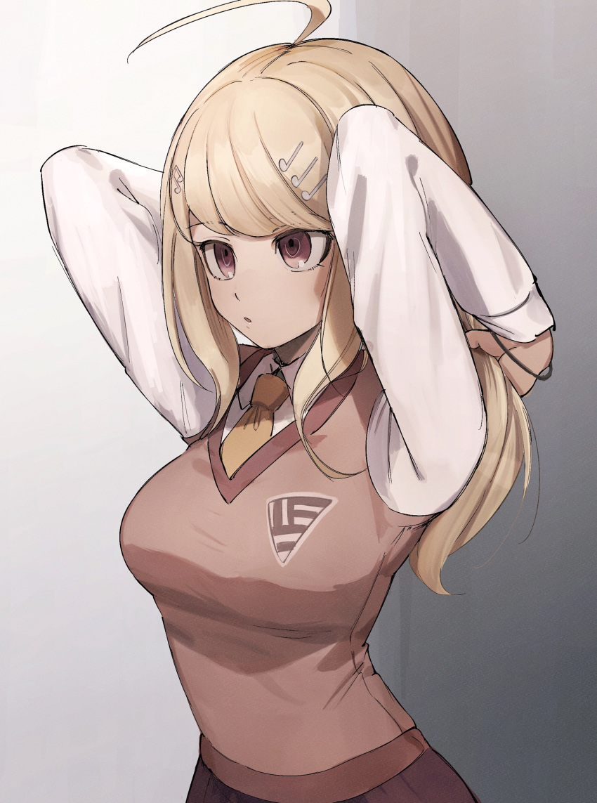 1girl :o absurdres ahoge akamatsu_kaede arms_behind_head arms_up bangs blonde_hair bojue_(hakus_1128) breasts collared_shirt commentary_request cowboy_shot dangan_ronpa_(series) dangan_ronpa_v3:_killing_harmony eighth_note gradient gradient_background grey_background hair_ornament hair_tie hands_in_hair highres large_breasts long_hair long_sleeves looking_at_viewer medium_breasts musical_note musical_note_hair_ornament necktie open_mouth orange_neckwear pleated_skirt shirt skirt solo sweater_vest tying_hair upper_body