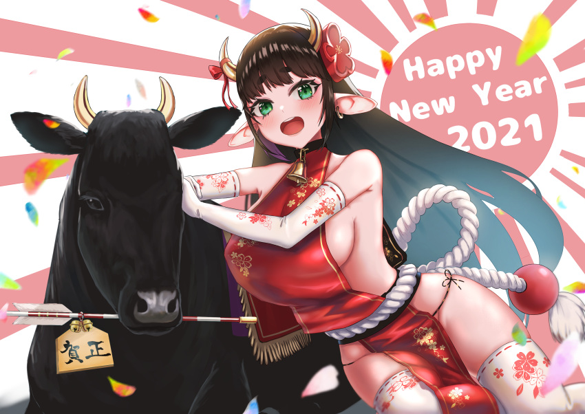 1girl absurdres animal_ears arrow_(projectile) breasts brown_hair chinese_clothes cow earrings elbow_gloves eyebrows_visible_through_hair flower gloves green_eyes hair_ornament highres holding horn_ornament horns huge_breasts jewelry long_hair looking_at_viewer mouth_hold neck_bell open_mouth original tachibana_yuu_(shika) upper_teeth