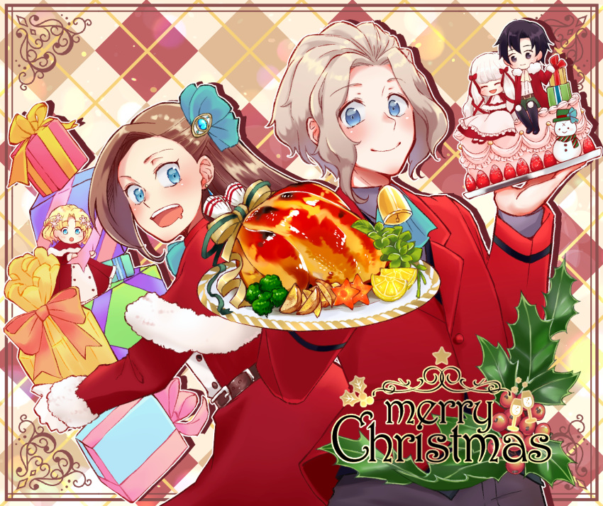 2boys 3girls alternate_costume argyle argyle_background ascot asymmetrical_bangs bangs black_eyes black_hair blazer blonde_hair blue_bow blue_eyes blue_neckwear blunt_bangs border bow broccoli brother_and_sister brown_border brown_hair cake capelet christmas christmas_cake closed_eyes closed_mouth coat commentary dress dress_shirt earrings english_commentary english_text flower food fruit fur-trimmed_capelet fur_trim gift gloves grey_shirt hair_bow hair_flower hair_ornament highres holding holding_gift holding_plate holly jacket jewelry katarina_claes keith_claes lemon lemon_slice light_brown_hair long_hair long_sleeves looking_at_viewer looking_back maria_campbell merry_christmas miniboy minigirl multiple_boys multiple_girls mutton_(user_hafp8324) neck_bell nicol_ascart open_mouth otome_game_no_hametsu_flag_shika_nai_akuyaku_reijou_ni_tensei_shite_shimatta parted_bangs plate red_capelet red_coat red_dress red_jacket saliva santa_costume santa_dress shirt short_hair siblings silver_hair sitting smile snowman sophia_ascart standing step-siblings strawberry turkey white_dress white_gloves wing_collar