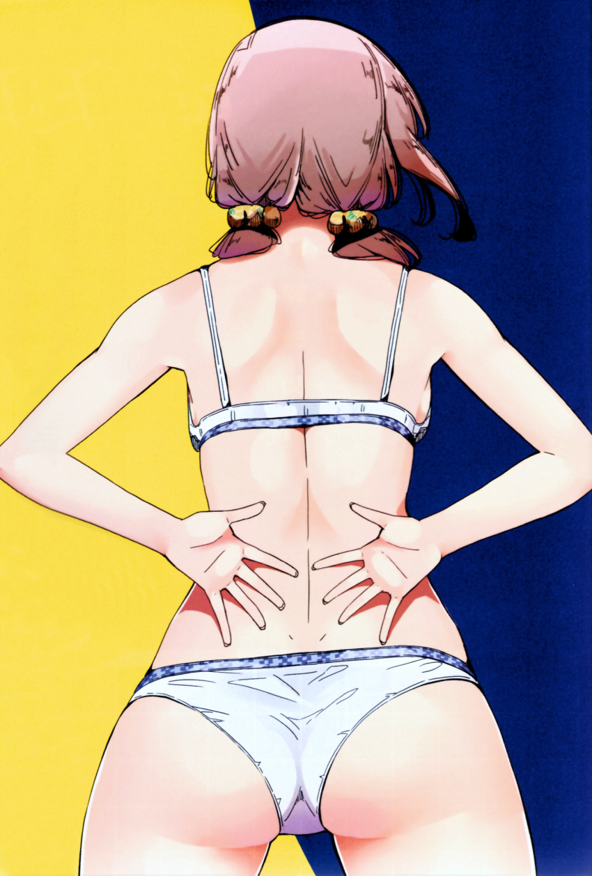 1girl arms_behind_back ass back backboob bare_arms bare_legs bikini blue_bikini breasts brown_hair cowboy_shot facing_away from_behind gimp_(medium) halterneck harukana_receive highres legs_apart low_twintails medium_hair nyoijizai official_art oozora_haruka_(harukana_receive) open_hands scan shoulder_blades skindentation solo standing swimsuit thighs trefoil twintails