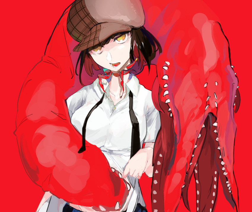 1girl brown_hair brown_headwear chest_mouth collarbone disembodied_head eldritch_abomination extra_mouth hat highres lifted_by_self lower_teeth monster multicolored multicolored_hair open_mouth original red_background red_theme redhead sharp_teeth solo teeth tongue yellow_eyes yorurokujuu