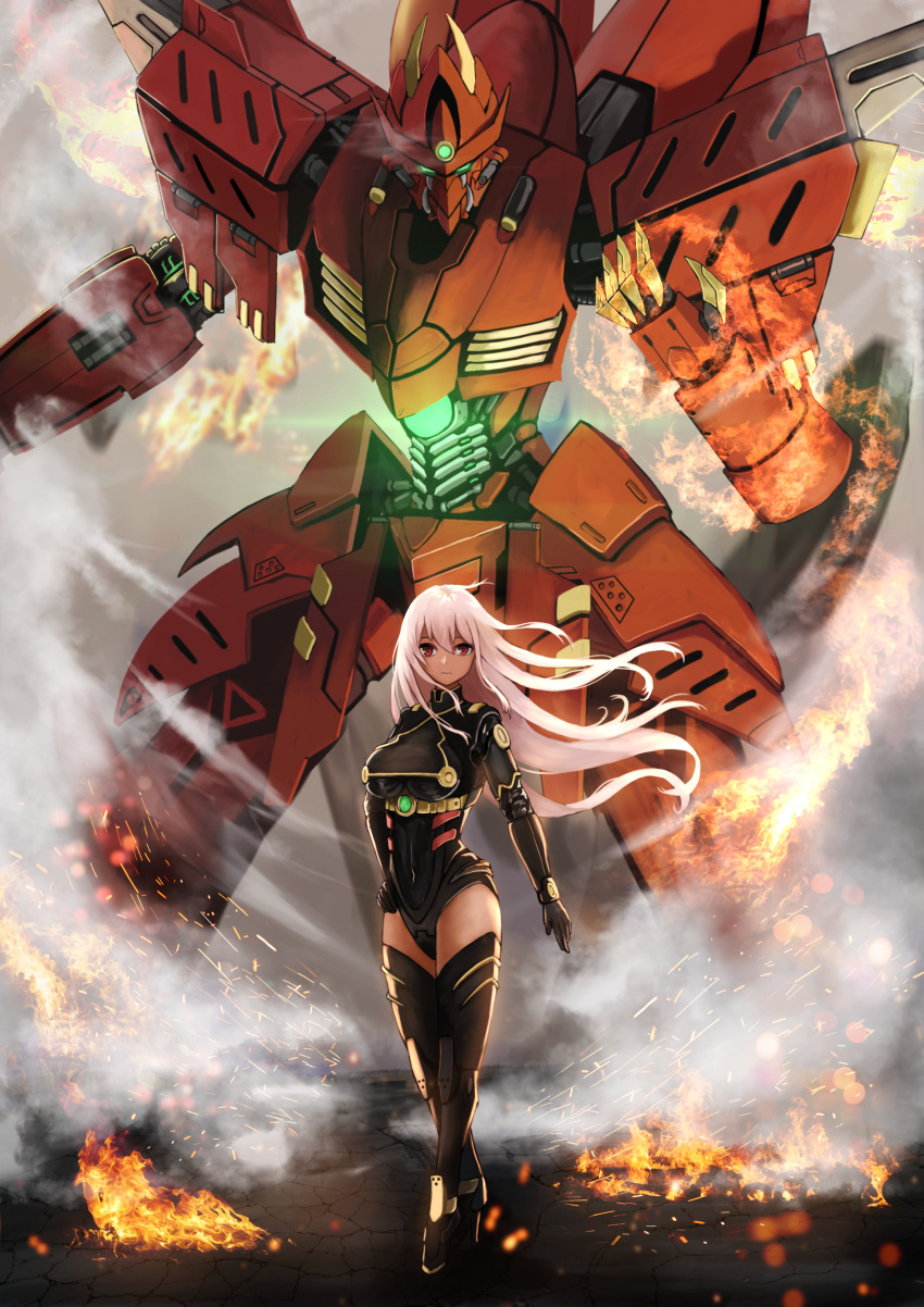 1girl absurdres boots breasts closed_mouth embers fire full_body glowing hand_on_hip hand_up highres huge_filesize large_breasts long_hair looking_at_viewer mecha original red_eyes robot standing tachibana_yuu_(shika) thigh-highs thigh_boots white_hair