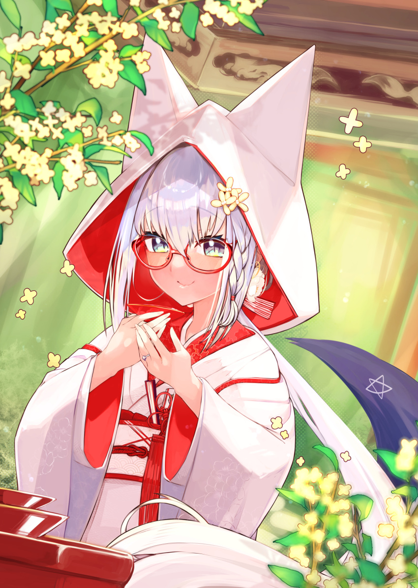 absurdres animal_ears bangs braid commentary_request eyebrows_visible_through_hair fox_ears fox_girl fox_tail glasses green_eyes hair_between_eyes hands_together highres hololive japanese_clothes jewelry kimono long_hair long_sleeves looking_at_viewer misono_denpachi obi ring sash shirakami_fubuki sidelocks single_braid smile tail uchikake virtual_youtuber white_hair white_kimono wide_sleeves