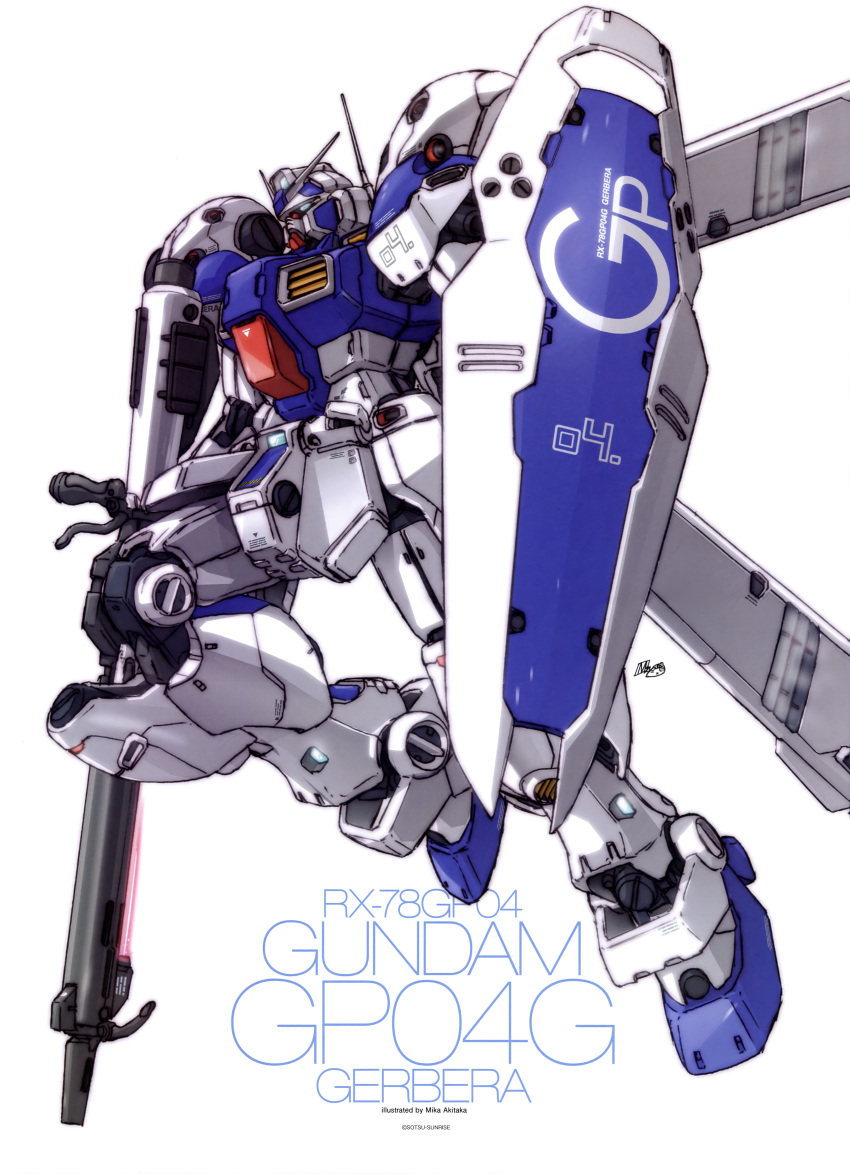 absurdres akitaka_mika artist_name beam_rifle character_name energy_gun english_text gun gundam gundam_0083 gundam_gp-04_gerbera highres holding holding_gun holding_weapon mecha mobile_suit no_humans rifle shield signature weapon