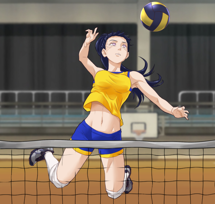 1girl ball breasts commentary dark_blue_hair gym highres holding holding_ball hyuuga_hinata light_purple_eyes long_hair looking_up luizhtx midair midriff naruto naruto_(series) naruto_shippuuden navel ponytail solo sport sportswear tank_top volleyball volleyball_net volleyball_uniform