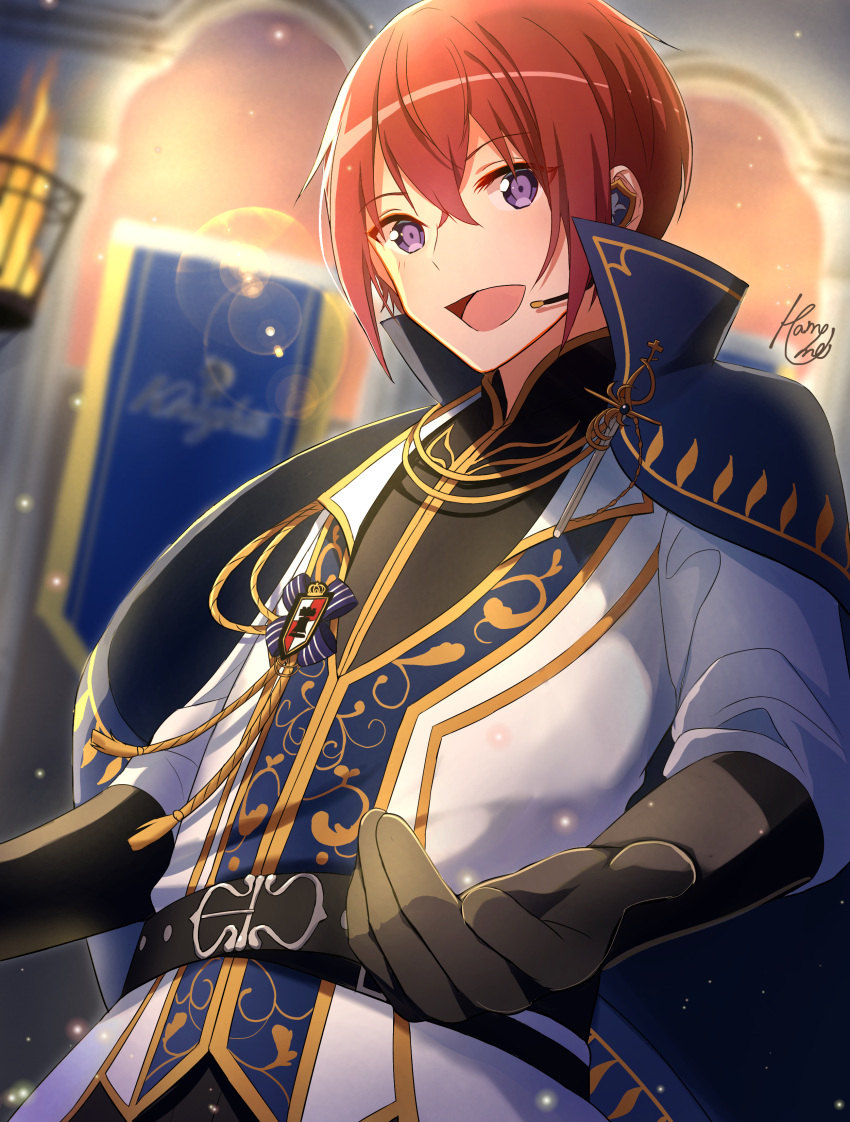 1boy :d absurdres aiguillette bangs banner belt black_gloves blue_cape cape collared_cape commentary_request crossed_bangs earpiece elbow_gloves enokimo_me ensemble_stars! gloves gold_trim hair_between_eyes highres lens_flare light_particles looking_at_viewer male_focus microphone open_mouth outstretched_hand redhead shiny shiny_hair short_hair signature smile solo suou_tsukasa torch upper_body violet_eyes
