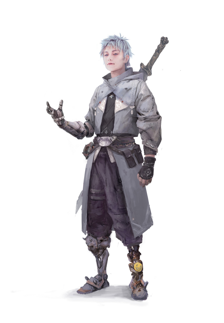 1boy absurdres belt belt_pouch black_gloves bracelet coat devil_may_cry fingers gloves grey_coat grey_eyes grey_hair guohongchao half-closed_eyes highres jewelry male_focus mechanical_arm mechanical_legs necklace original parted_lips pink_lips pouch simple_background single_glove solo standing sword thigh_strap torn torn_clothes weapon weapon_on_back white_background