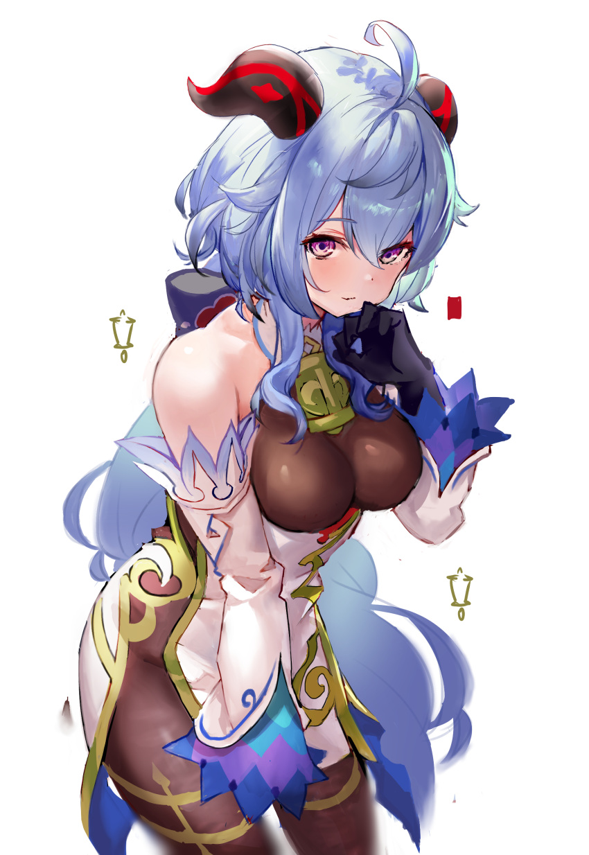 1girl 666_(ro_ro_ro3) absurdres ahoge bare_shoulders bell black_gloves blue_hair breasts brown_legwear brown_leotard cowbell cowboy_shot detached_sleeves ganyu_(genshin_impact) genshin_impact gloves goat_horns gold_trim groin hand_up highres horns leotard long_hair long_sleeves looking_at_viewer low_ponytail medium_breasts pantyhose pelvic_curtain simple_background smile solo violet_eyes white_background