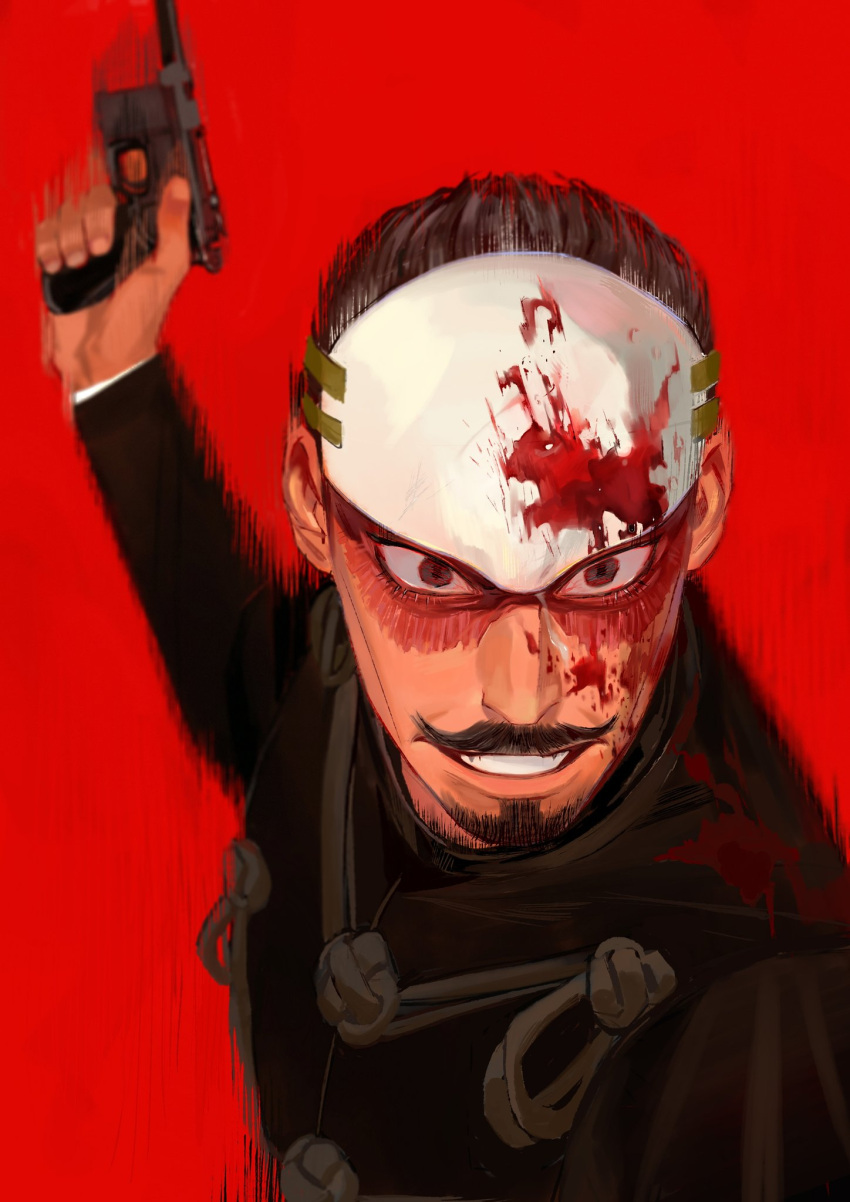 1boy black_eyes black_hair buttons collared_jacket facial_hair forehead_protector goatee golden_kamuy gun highres holding holding_gun holding_weapon kajibaji long_sleeves male_focus military military_uniform motion_blur motion_lines mustache scar scar_on_face short_hair sideburns simple_background solo stubble tsurumi_tokushirou uniform weapon weapon_request