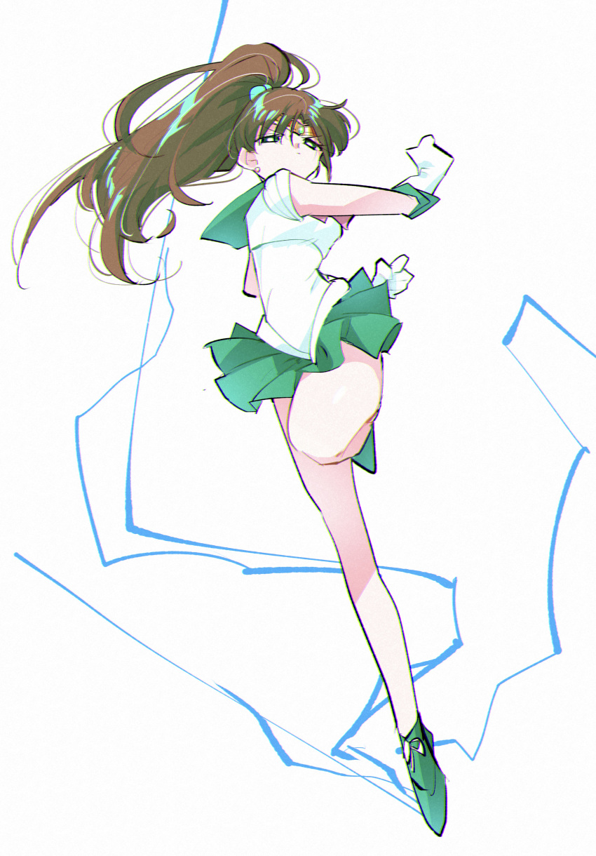 1girl absurdres angry bishoujo_senshi_sailor_moon brown_hair clenched_hands earrings electricity gloves gold_headband green_skirt highres jewelry kino_makoto leg_up long_legs looking_down magical_girl pochi_(askas_is_god) ponytail sailor_jupiter sailor_senshi_uniform skirt solo tied_hair white_background white_gloves
