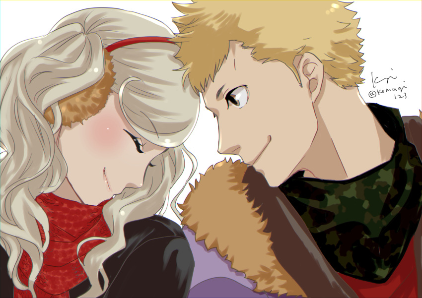 1boy 1girl artist_name blonde_hair camouflage closed_eyes couple earmuffs fur-trimmed_jacket fur_trim head_to_head hetero jacket komugi_(mugiwaraclub) long_hair persona persona_5 profile sakamoto_ryuuji scarf signature smile takamaki_anne twintails upper_body white_background winter_clothes