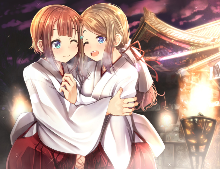 2girls ;) ;d ayase_arisa bangs blue_eyes blush brown_hair building closed_mouth commentary_request eyebrows_visible_through_hair fire hakama hip_vent hug japanese_clothes kimono kousaka_yukiho long_hair long_sleeves love_live! love_live!_school_idol_project low_ponytail mad_(hazukiken) miko multiple_girls one_eye_closed open_mouth ponytail red_hakama smile swept_bangs upper_teeth white_kimono wide_sleeves