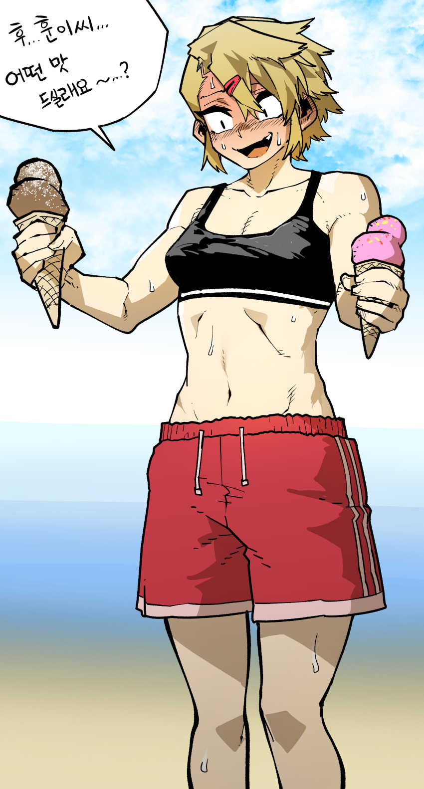1girl absurdres beach blonde_hair blush breasts collarbone day fang food hair_between_eyes hair_ornament hairclip highres ice_cream ice_cream_cone jeong_harim male_swimwear navel nervous open_mouth outdoors parkgee sand short_hair smile solo sports_bra suicide_boy sweat sweatdrop swim_trunks swimwear tomboy