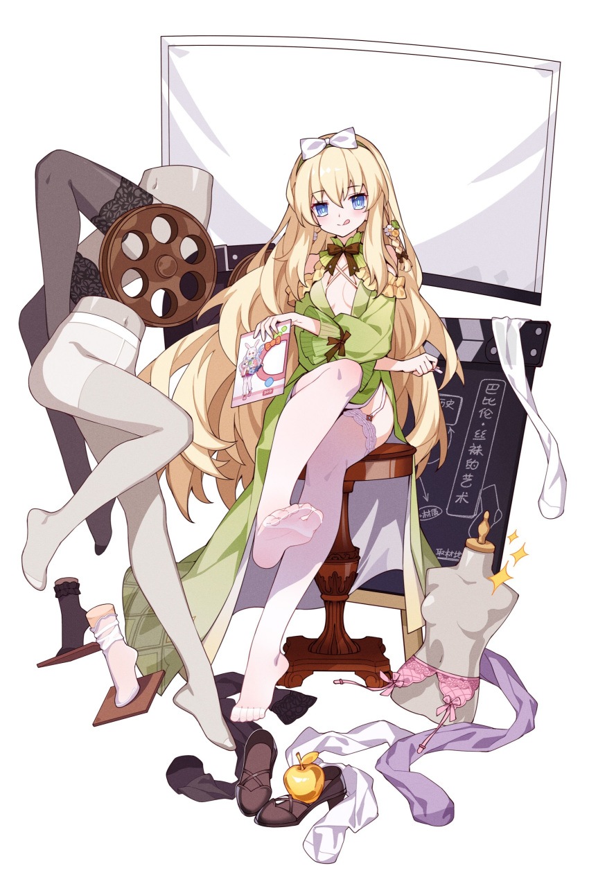 1girl :q absurdres apple bangs benghuai_xueyuan black_footwear black_legwear blonde_hair blue_eyes blush breasts character_request closed_mouth commentary_request dress eyebrows_visible_through_hair food fruit garter_belt garter_straps golden_apple green_dress hair_between_eyes highres honkai_(series) long_hair long_sleeves looking_at_viewer mannequin medium_breasts no_shoes puffy_long_sleeves puffy_sleeves purple_legwear shoes shoes_removed smile soles solo sparkle thigh-highs tongue tongue_out tsubasa_tsubasa very_long_hair white_background white_legwear wide_sleeves