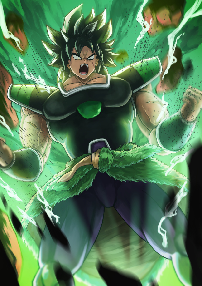 1boy absurdres black_hair broly broly_(dragon_ball_super) bulge dragon_ball dragon_ball_super energy hands_up highres huge_filesize looking_down medium_hair muscular muscular_male open_mouth pectorals scar scar_on_cheek scar_on_face skin_tight tachibana_yuu_(shika) teeth thick_thighs thighs veins yellow_eyes