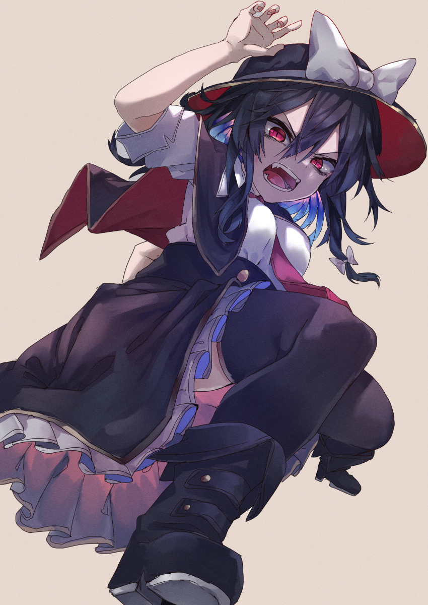 1girl absurdres arm_up beige_background black_footwear black_hair black_headwear black_legwear black_skirt blouse boots bow hair_bow hat hat_bow highres looking_at_viewer murayo necktie open_mouth petticoat red_eyes red_neckwear short_sleeves simple_background skirt slit_pupils solo thigh-highs touhou usami_renko v-shaped_eyebrows white_blouse white_bow