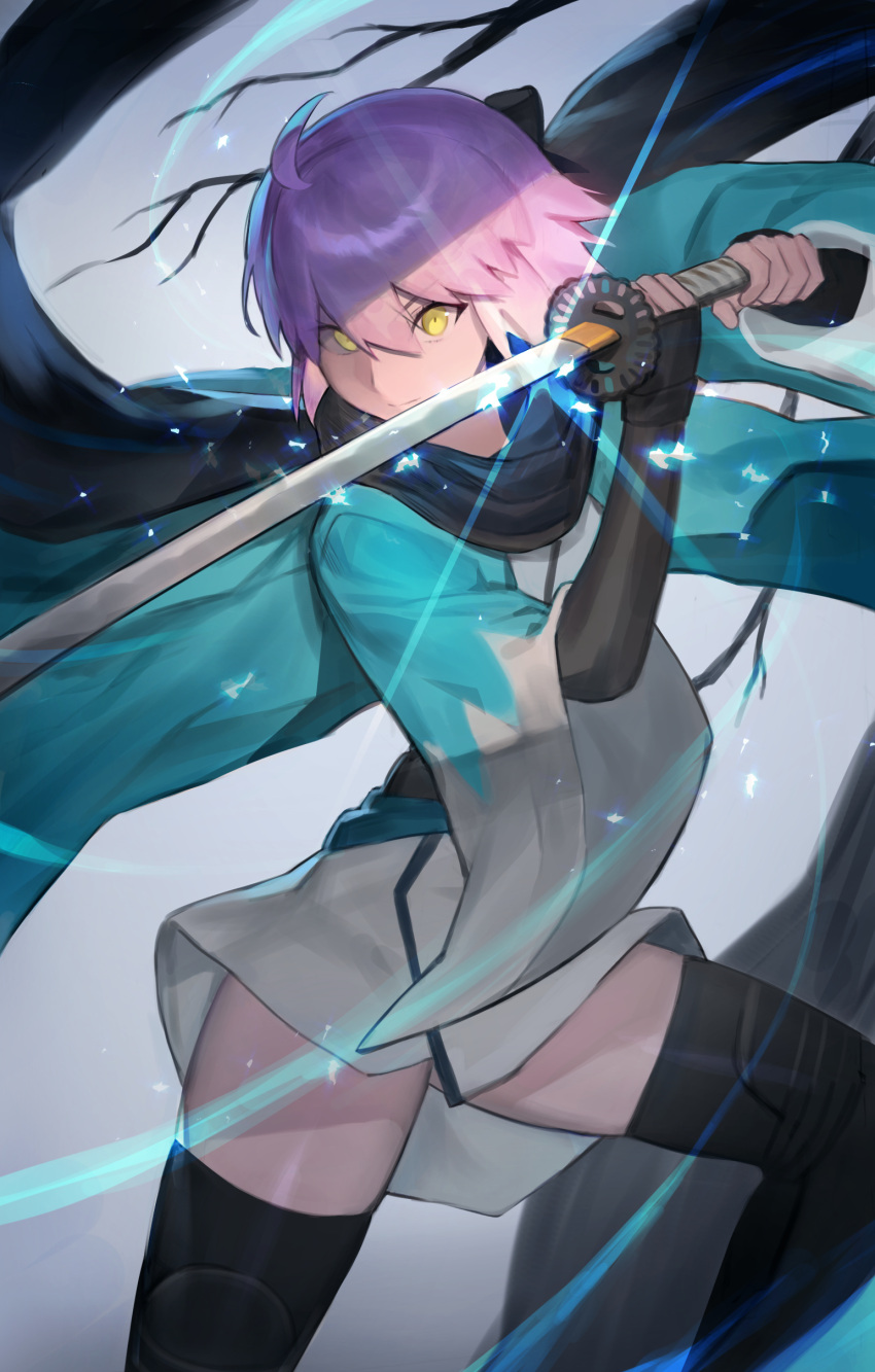 1girl absurdres ahoge black_bow black_scarf bow fate/grand_order fate_(series) highres hood_(james_x) katana okita_souji_(fate) okita_souji_(fate)_(all) pink_hair scarf short_hair solo stance sword thigh-highs weapon wide_sleeves yellow_eyes