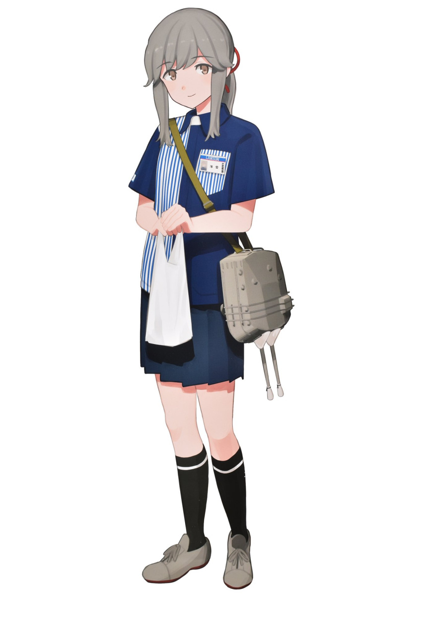 1girl bag bangs blue_shirt blue_skirt brown_eyes cowboy_shot employee_uniform eyebrows_visible_through_hair full_body grey_hair hair_ribbon highres holding kantai_collection lawson machinery name_tag official_art plastic_bag pleated_skirt ribbon scan shibafu_(glock23) shirt shopping_bag short_sleeves sidelocks skirt solo standing store_clerk striped striped_shirt third-party_source turret uniform usugumo_(kantai_collection) vertical-striped_shirt vertical_stripes white_background