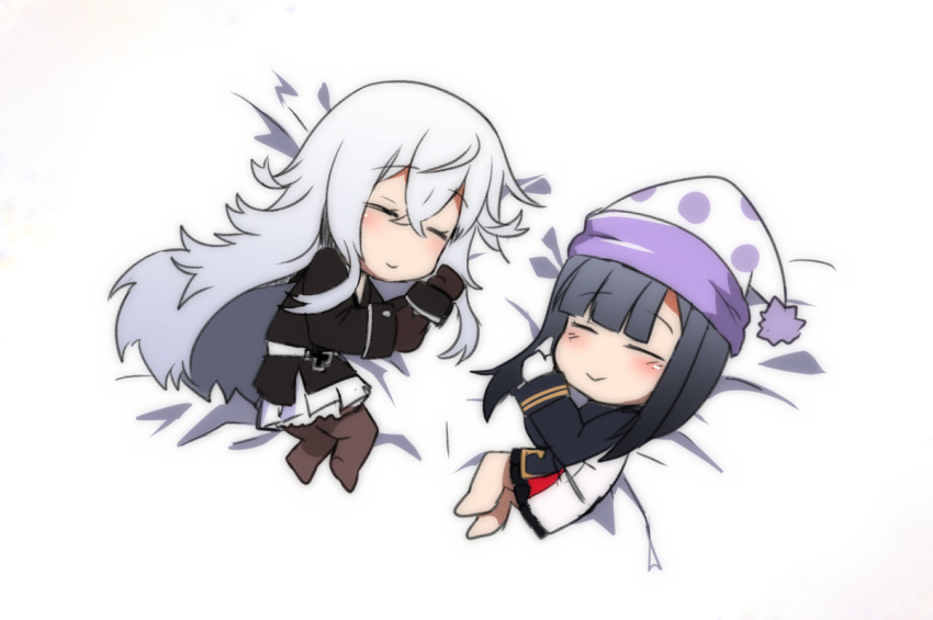 2girls azur_lane bangs bed_sheet black_gloves black_hair black_legwear blunt_bangs chibi commentary_request eyebrows_visible_through_hair gloves graf_zeppelin_(azur_lane) hat long_hair lying multiple_girls pantyhose peter_strasser_(azur_lane) pleated_skirt siblings sidelocks sisters skirt sleeping smile steed_(steed_enterprise) wavy_hair white_gloves white_hair