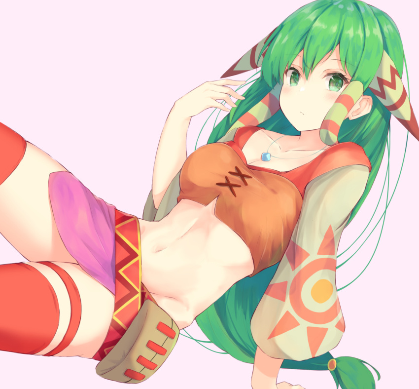 1girl breasts closed_mouth collarbone crop_top feena_(grandia) grandia grandia_i green_eyes green_hair groin hand_up highres jewelry kurai_masaru long_hair long_sleeves looking_at_viewer medium_breasts midriff navel necklace orange_shirt red_legwear revealing_clothes shirt sidelocks solo stomach thigh-highs thigh_strap very_long_hair zettai_ryouiki
