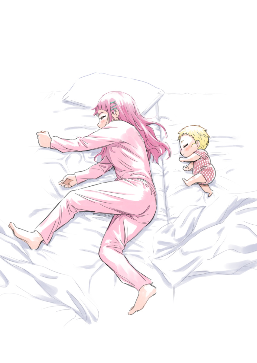 2girls baby bangs bed_sheet blonde_hair blunt_bangs blush closed_eyes from_side hair_ornament highres hug-tan_(precure) itou_shin'ichi long_hair lying mother_and_daughter multiple_girls nono_hana older on_bed on_side pajamas partially_colored pillow pink_hair pink_pajamas short_hair sketch spoilers x_hair_ornament