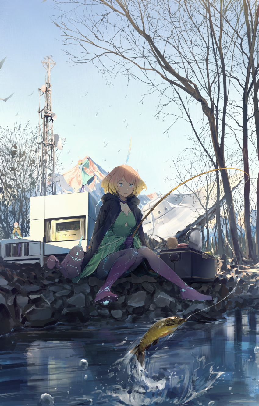 1girl :d absurdres alien bare_tree black_cape blonde_hair blue_sky bodysuit breasts cape crash cup day fish fishing fishing_rod flying_saucer gradient_hair green_bodysuit highres hood hood_down hooded_cape legs_together long_sleeves medium_breasts medium_hair mountain multicolored multicolored_bodysuit multicolored_clothes multicolored_hair open_mouth orange_hair original outdoors pointy_ears purple_bodysuit river rock sitting sky smile solo_focus somehira_katsu space_craft suitcase transmission_tower tree ufo wide_sleeves