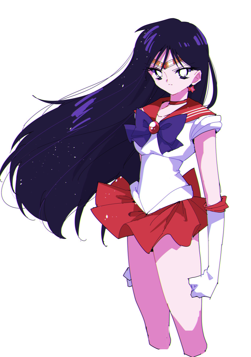 1girl absurdres bishoujo_senshi_sailor_moon black_eyes black_hair bow bright_pupils clenched_hands cropped_legs earrings elbow_gloves floating_hair gloves gold_headband hair_behind_ear highres hino_rei jewelry long_hair magical_girl pochi_(askas_is_god) purple_bow red_skirt sailor_collar sailor_mars sailor_senshi_uniform skirt solo star_(symbol) star_earrings white_gloves white_pupils