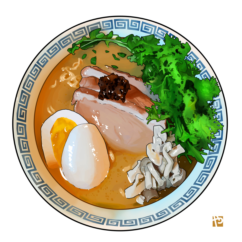 absurdres bird bowl duck egg food food_focus garnish hardboiled_egg highres meat mushroom no_humans noodles original ramen simple_background soup still_life studiolg vegetable white_background