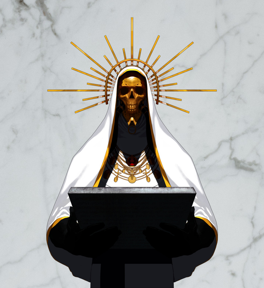1boy absurdres black_gloves cross dgk gloves gold highres holding jewelry male_focus marble mask necklace original priest skull_mask solo stone_tablet