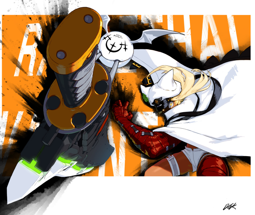1girl bandaged_arm bandaged_hand bandaged_leg bandages blonde_hair character_name clover creature dark_skin dark-skinned_female dgk english_text flying four-leaf_clover glowing glowing_eyes guilty_gear hat highres huge_weapon katana long_hair ramlethal_valentine scabbard sheath sheathed sword thigh_strap weapon white_headwear wide-eyed wings yellow_eyes