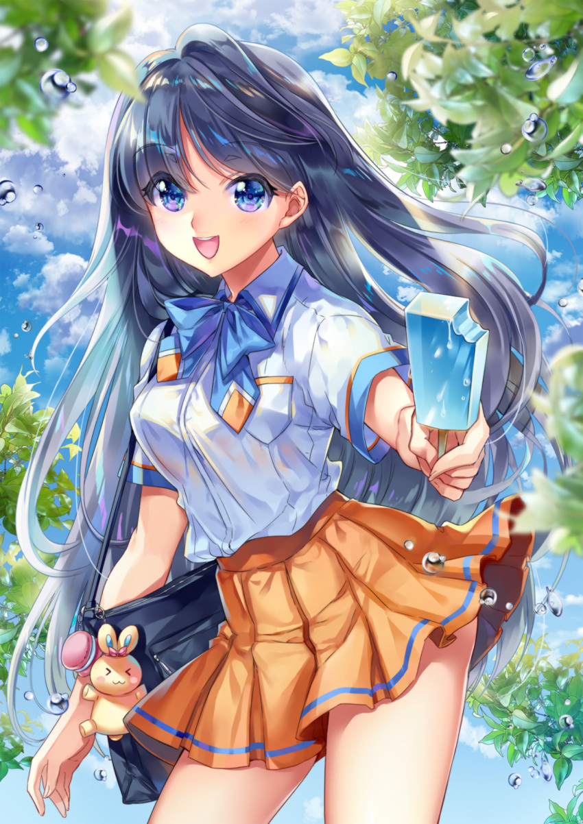 1girl bag bangs blue_eyes blue_hair blue_neckwear breast_pocket breasts commentary_request cu-rim day floating_hair food highres holding long_hair looking_at_viewer moe2019 neck_ribbon open_mouth orange_skirt original outdoors outstretched_arm pleated_skirt pocket popsicle ribbon school_bag school_uniform shirt skirt sky solo standing stuffed_animal stuffed_toy uniform water water_drop white_shirt wind