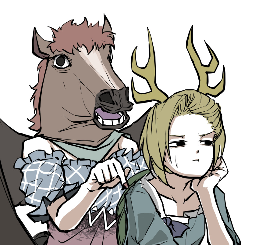 2girls bangs black_eyes black_wings blonde_hair blue_bandana blue_shirt closed_mouth dragon_horns hand_on_own_cheek hand_on_own_face highres horns horse_mask kicchou_yachie kurokoma_saki multiple_girls off-shoulder_shirt off_shoulder pegasus_wings peroponesosu. plaid plaid_shirt red_nails shirt short_hair short_sleeves simple_background tapping_shoulder touhou turtle_shell upper_body v-shaped_eyebrows white_background wings