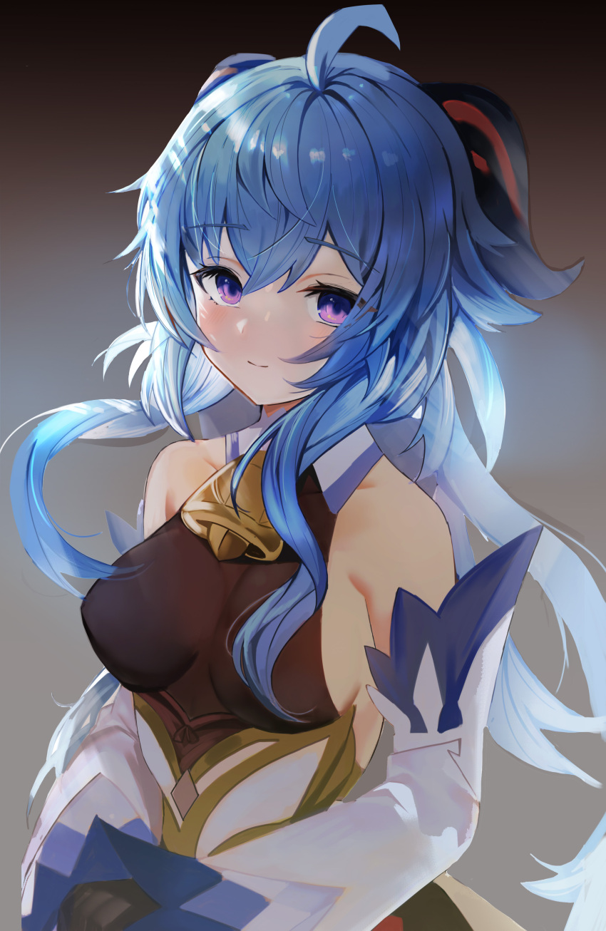 1girl absurdres ahoge bare_shoulders bell blue_hair blush breasts cowbell detached_sleeves ganyu_(genshin_impact) genshin_impact gloves half-closed_eyes highres horns long_sleeves para3318 sideboob smile solo upper_body violet_eyes